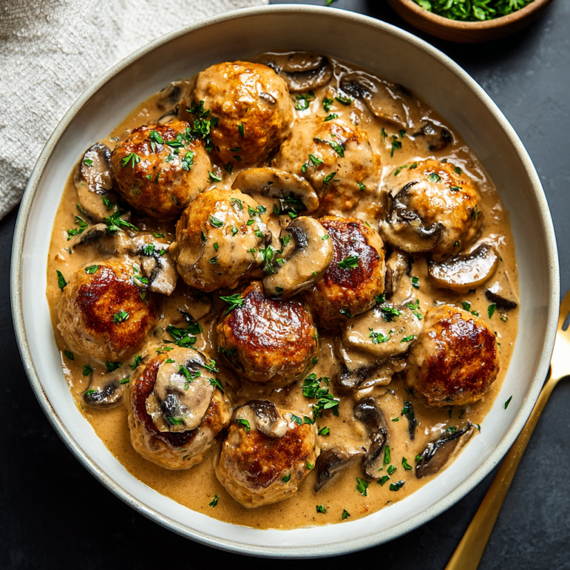A bowl of meatballs covered in mushrooms and sauce.