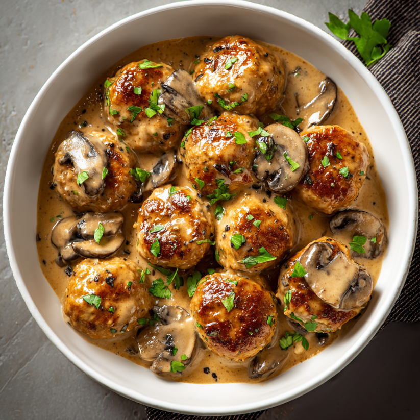 A bowl of meatballs in a creamy sauce.