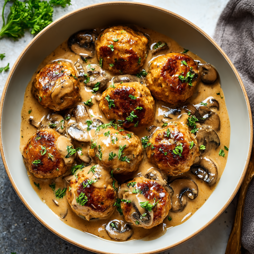 A bowl of meatballs covered in mushrooms and gravy.