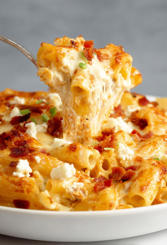 A fork is in a plate of buffalo chicken mac and cheese.