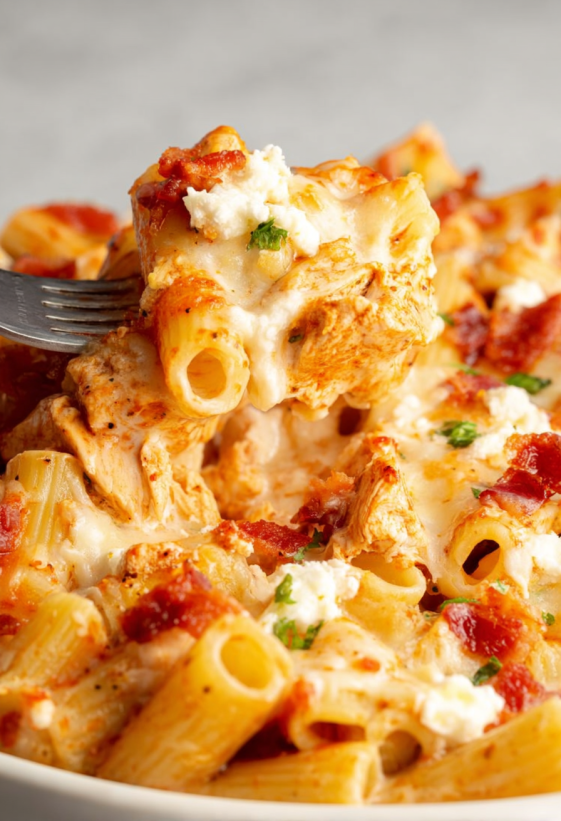 A fork is stuck in a piece of buffalo chicken mac and cheese.