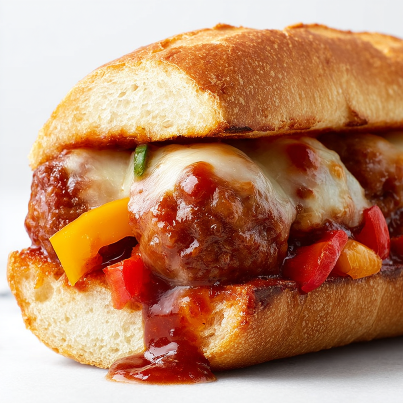 A sloppy joe meatball bake with peppers and onions.