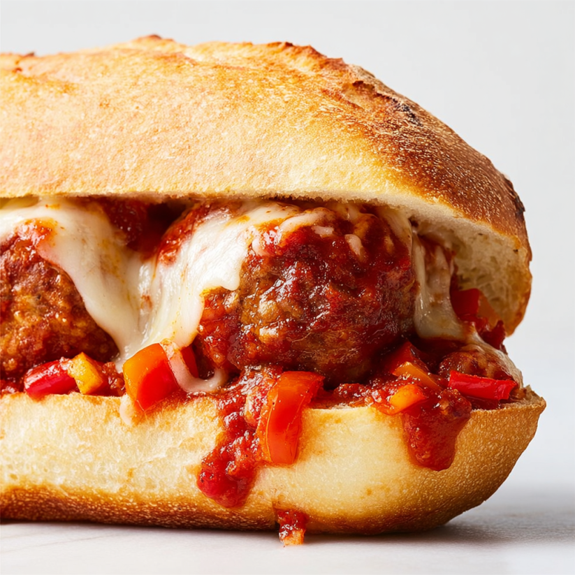 A meatball sandwich with tomato sauce.