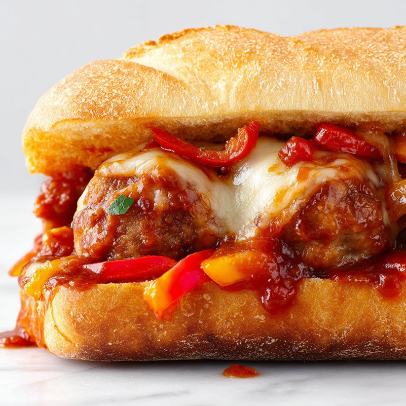 A meatball sandwich with sauce.
