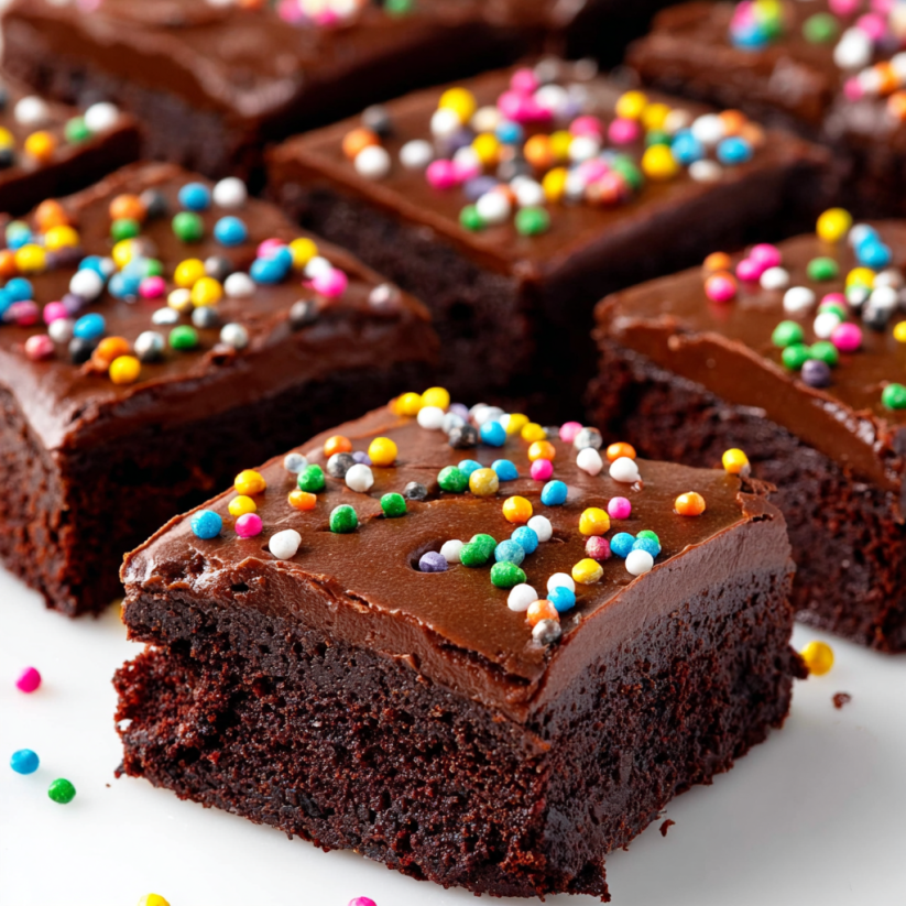 A close up of a chocolate cake with sprinkles.