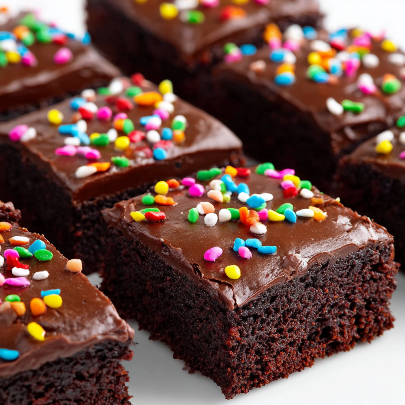 Chocolate cake with sprinkles.