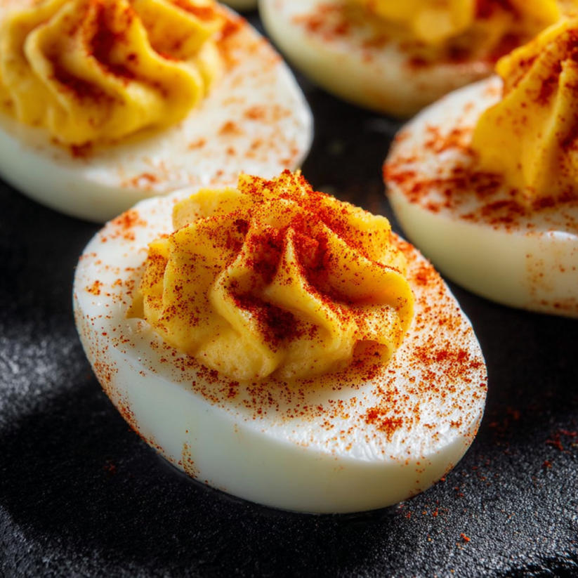 A plate of pumpkin deviled eggs.