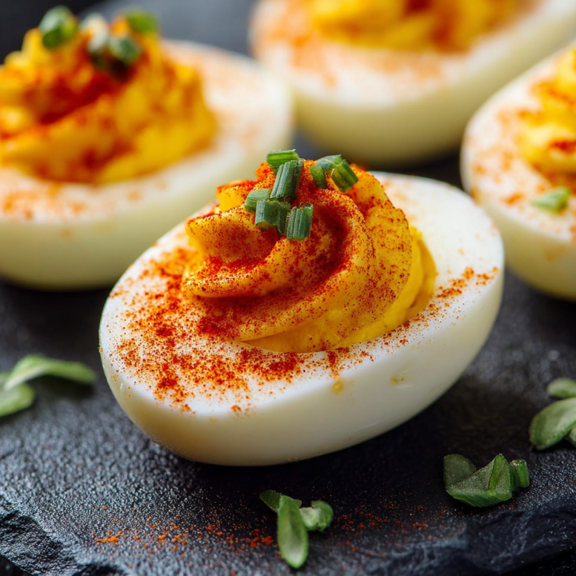Four eggs with red peppers on top.