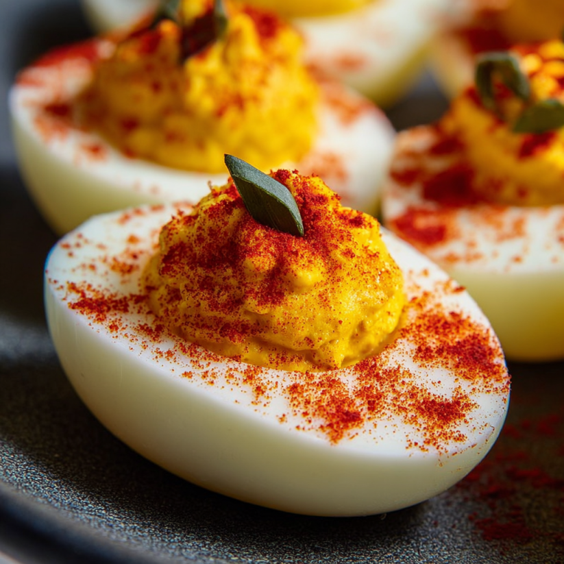 A plate of eggs with a spoonful of mustard on top.