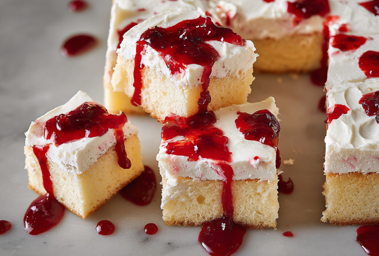 A slice of cake with red jelly on it.