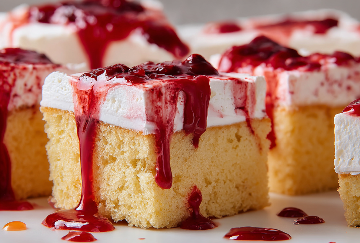 A slice of cake with red jelly on it.