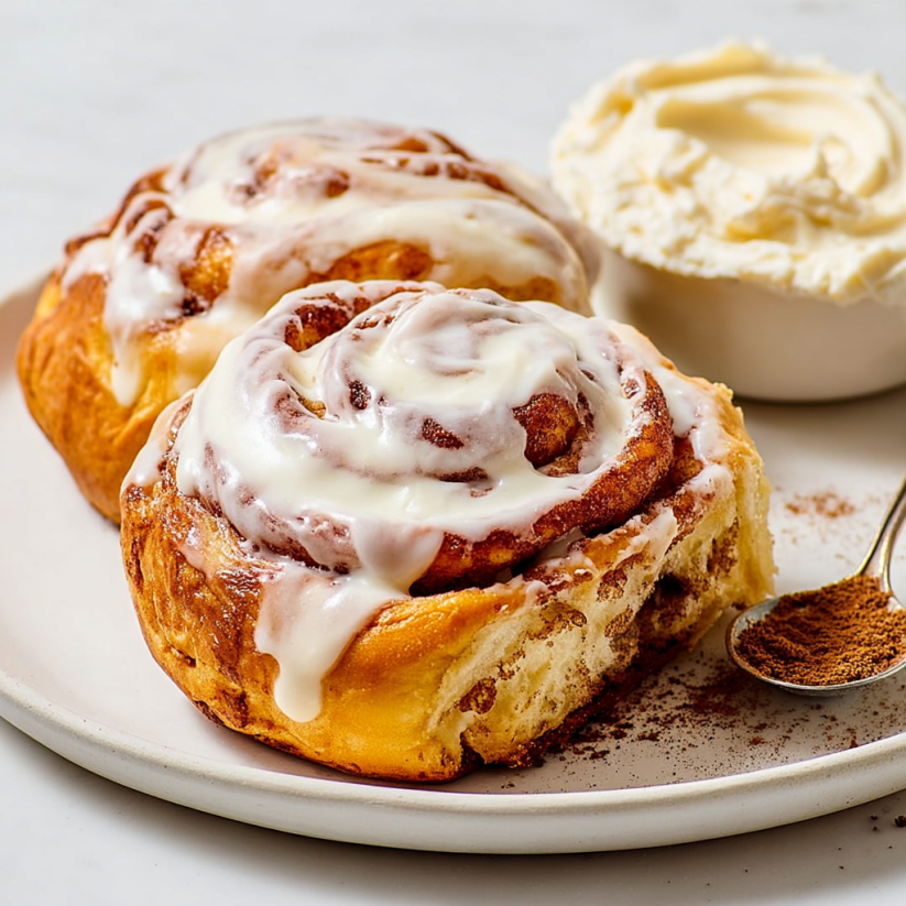A plate with two cinnamon rolls and a bowl of ice cream.