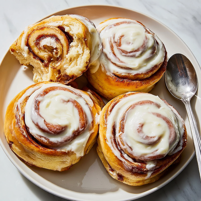 A plate with three cinnamon rolls.
