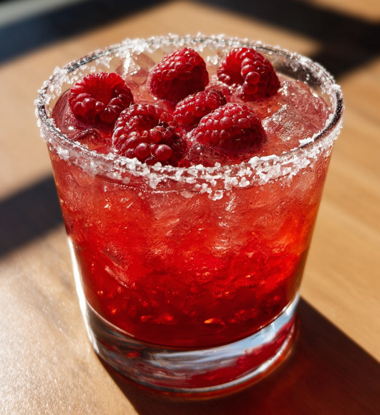 A glass of red raspberry margarita.