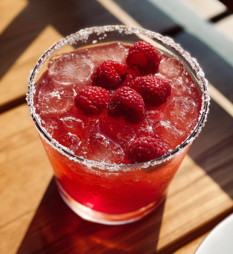 A glass of raspberry margarita with a straw.