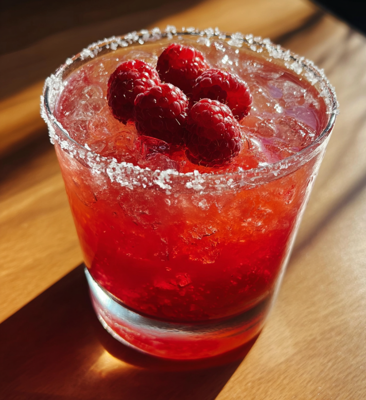 A glass of raspberry margarita with a raspberry on top.