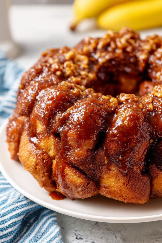 A slice of bananas foster monkey bread.