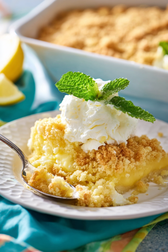 A slice of lemon dump cake with whipped cream on top.