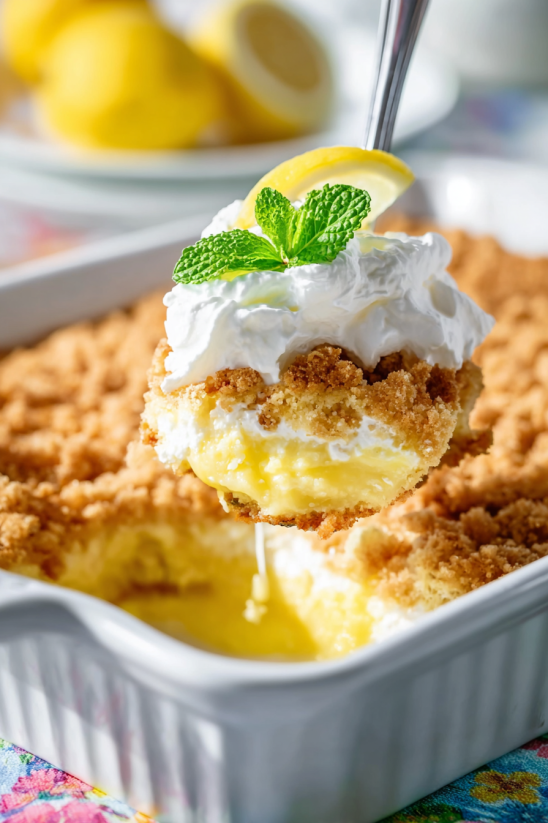 A fork is being used to eat a piece of lemon dump cake.