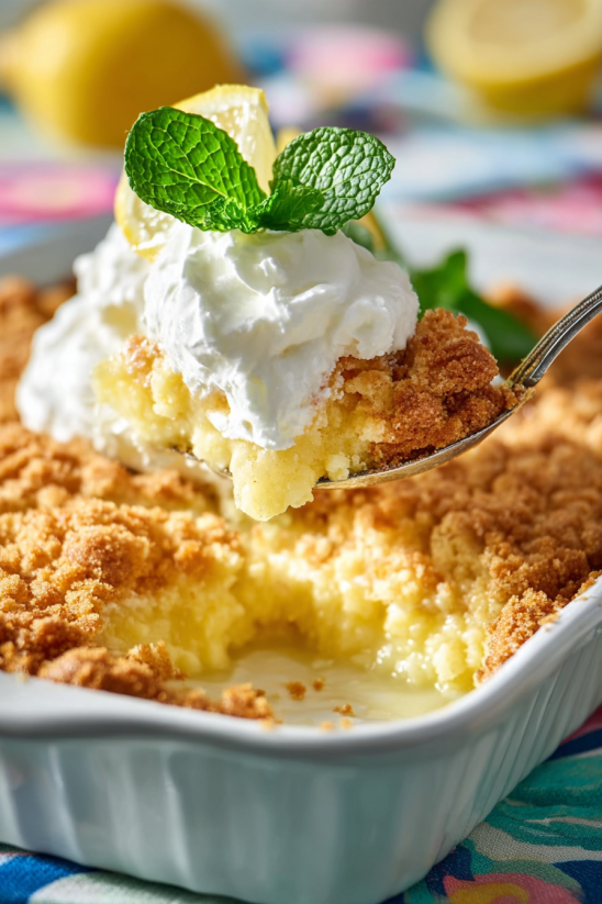 A fork is being used to eat a piece of lemon dump cake.