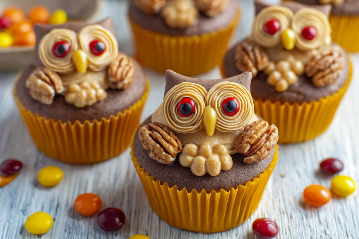 A cupcake with a peanut butter and chocolate frosting and a nut on top.