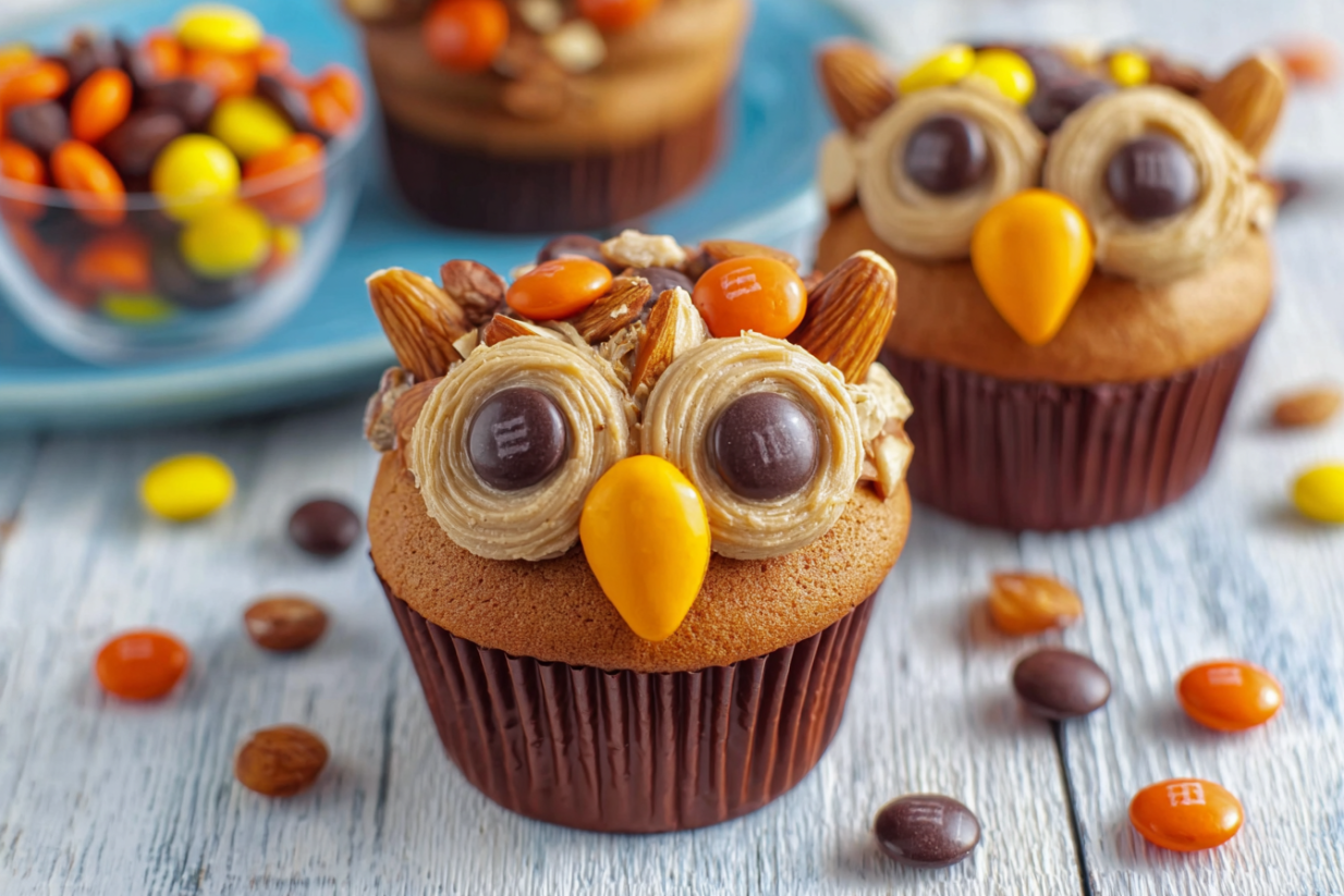 A cupcake with a peanut butter and candy owl topping.