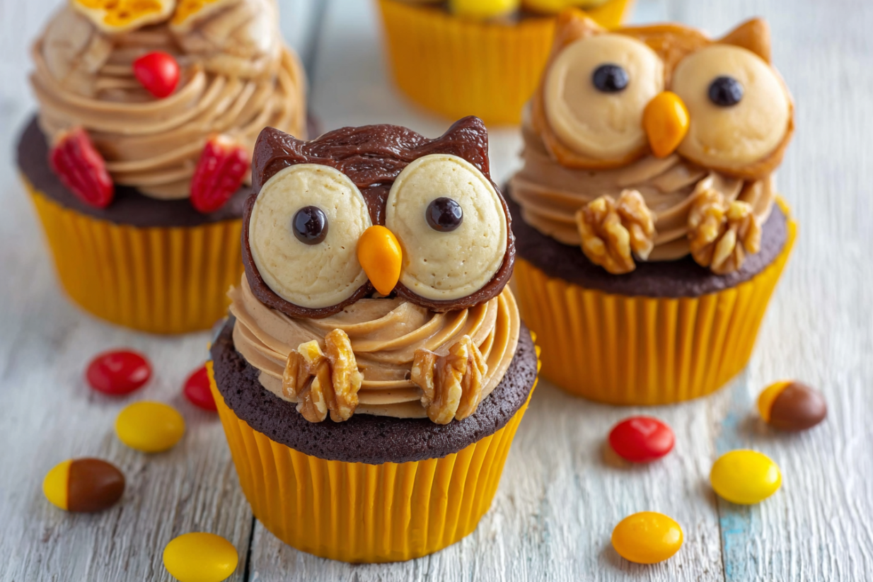 A cupcake with a chocolate frosting and a candy owl on top.
