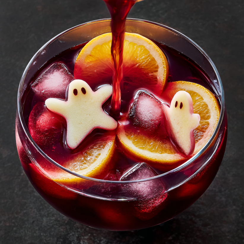A glass of Halloween Sangria with orange slices and a ghost cookie.