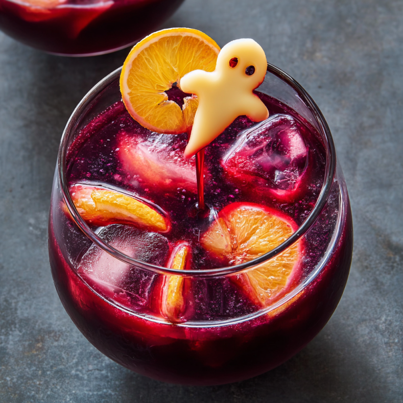A glass of red wine with a slice of orange and a ghost shaped cookie.
