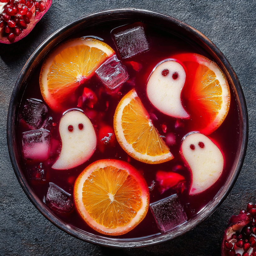 A bowl of fruit with a ghost on it.