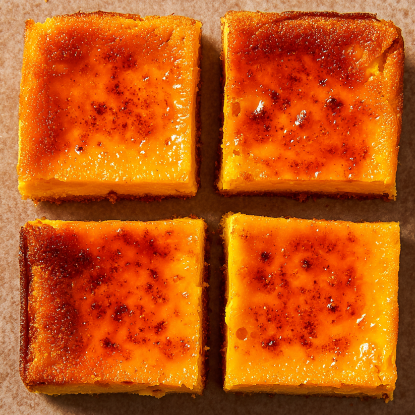 Four pieces of pumpkin crème brûlée cheesecake bars.
