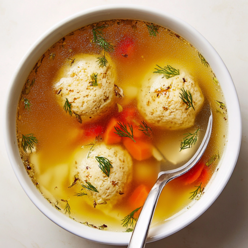 A bowl of matzo ball soup.