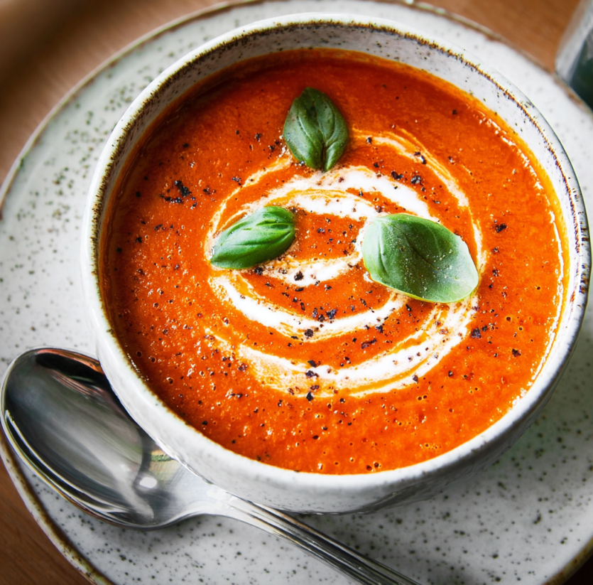 A bowl of tomato soup with a spoon in it.