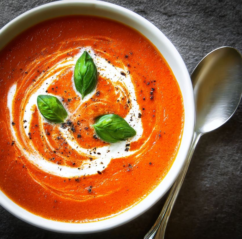A bowl of soup with green leaves on top.
