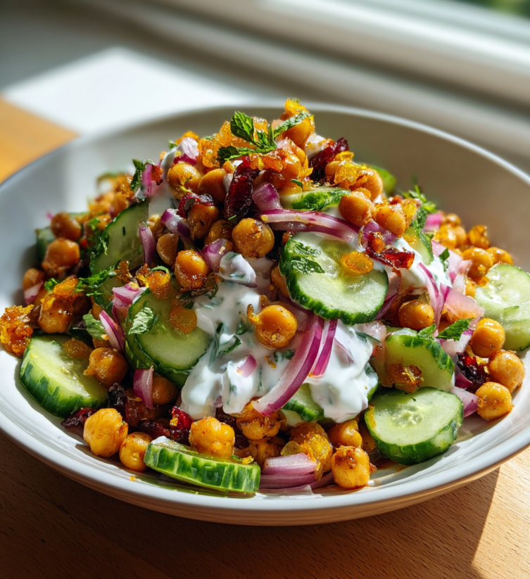 A bowl of curried chickpea salad with various vegetables.