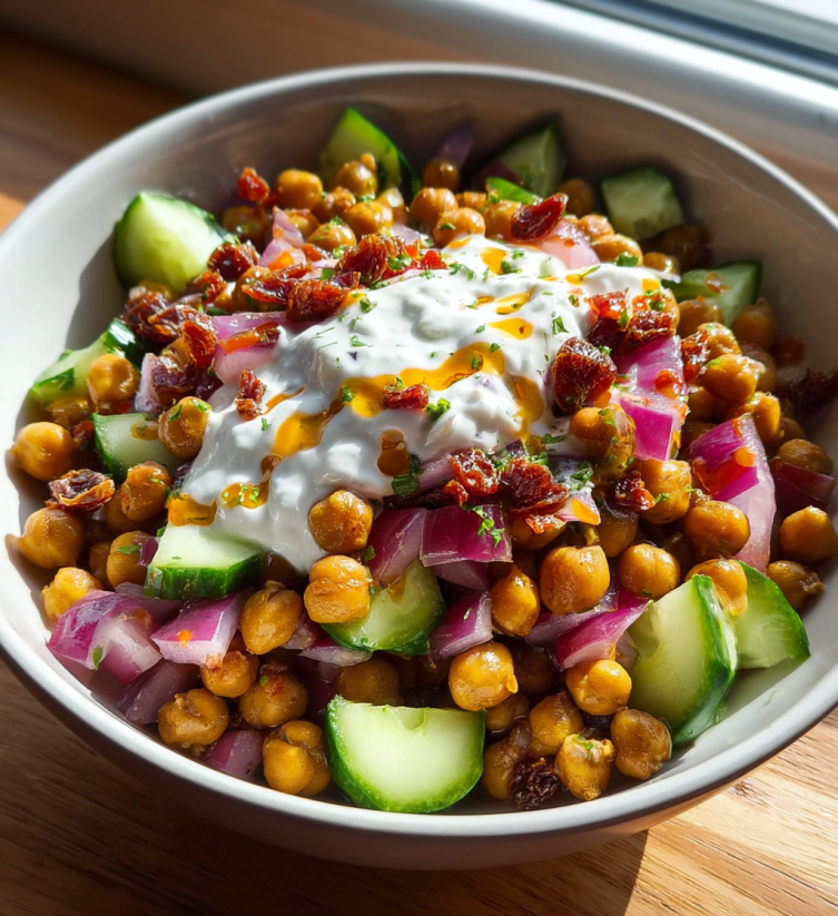 A bowl of curried chickpea salad with various vegetables and sauces.