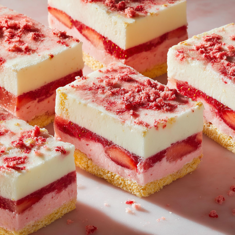 A close up of a slice of strawberry shortcake ice cream cake.