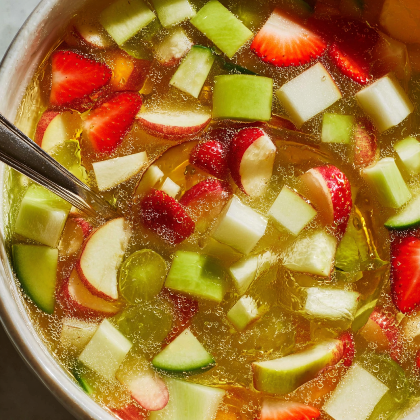A bowl of fruit with a spoon in it.