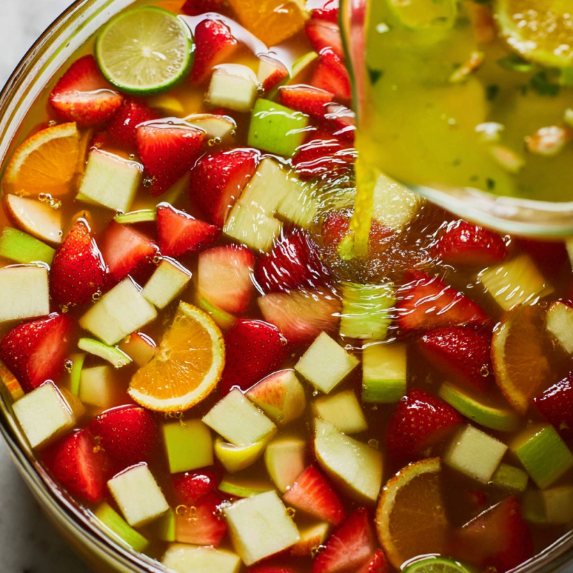A green apple moscato sangria is being poured into a glass.