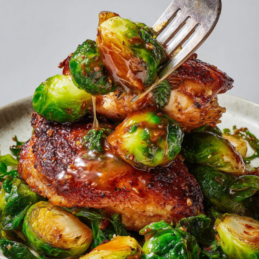 A plate of food with chicken and brussels sprouts.