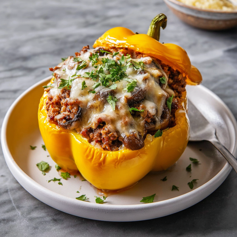 A yellow pepper with meat and cheese inside.