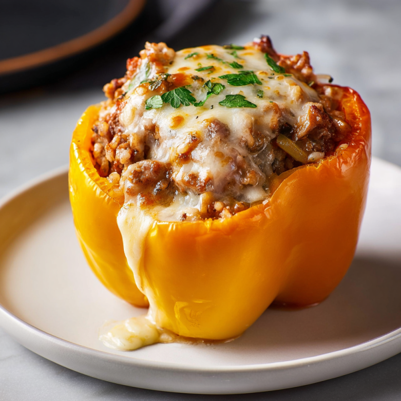 A pepper with cheese and herbs on top.
