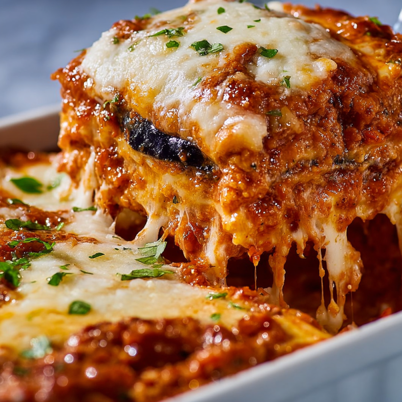 A close up of a delicious eggplant parmesan.