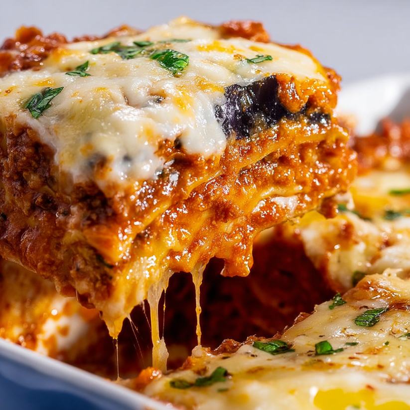 A plate of lasagna with cheese and sauce.