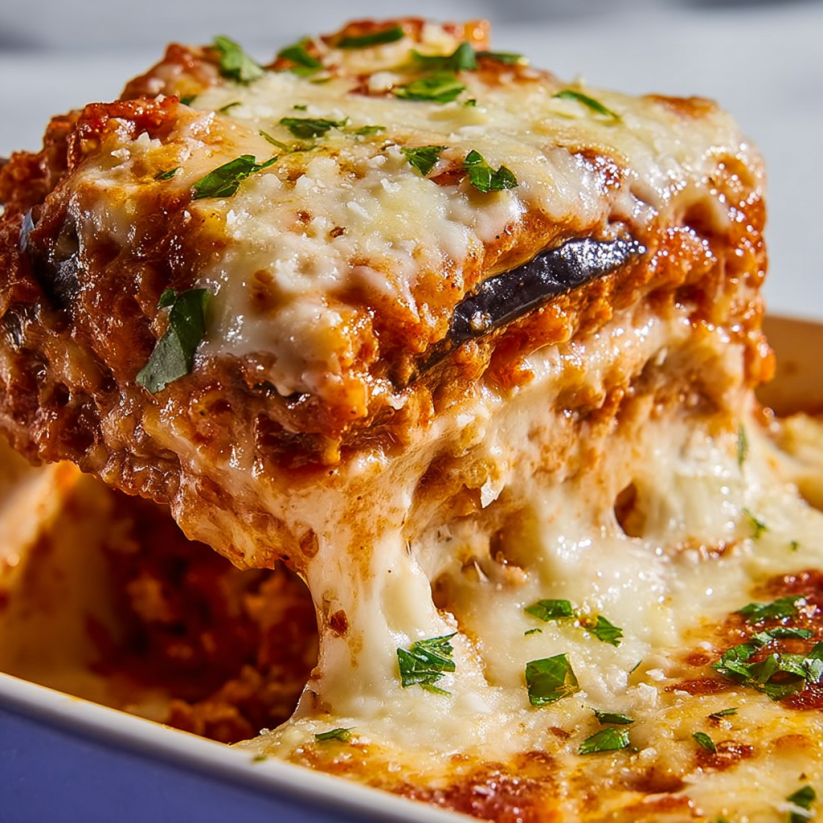 A slice of lasagna with cheese and herbs.