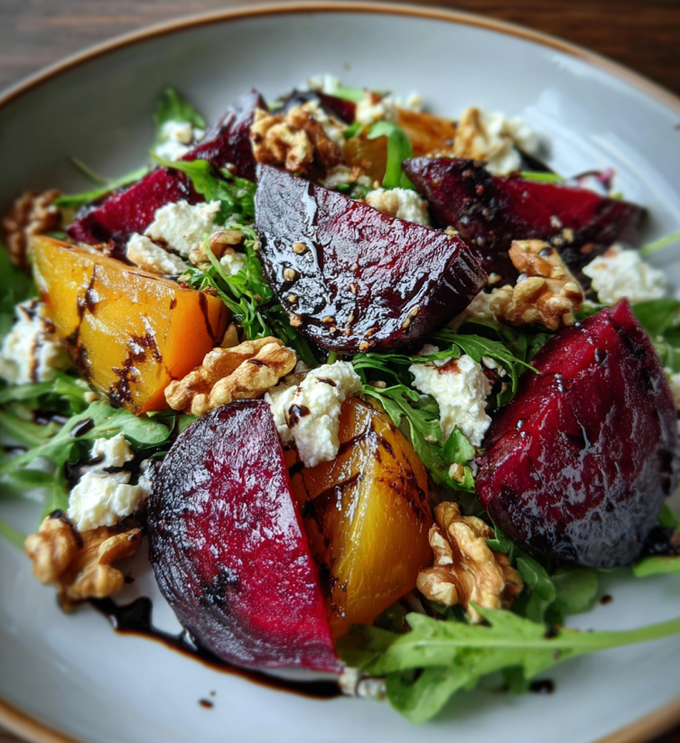 A plate of food with a salad of roasted beets and arugula.