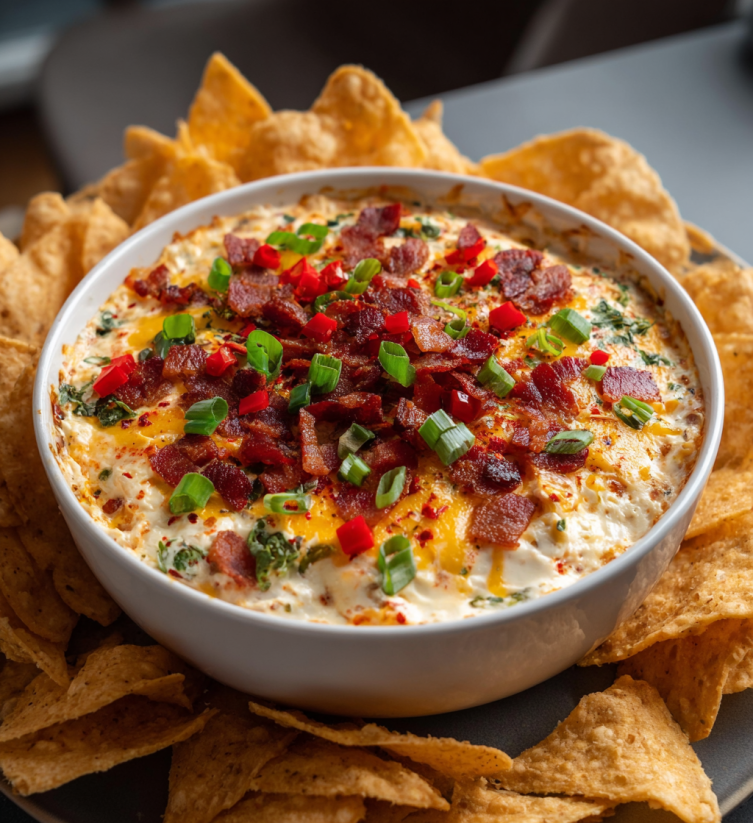 A bowl of bacon and cheese dip with chips.