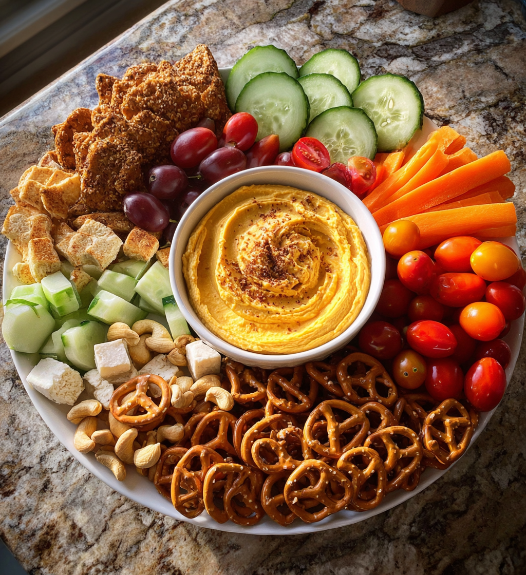 A plate of food with a bowl of hummus and vegetables.