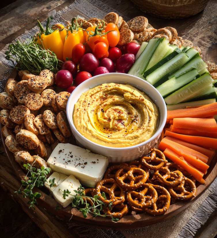 A wooden tray with a variety of foods including crackers, cheese, vegetables, and pretzels.