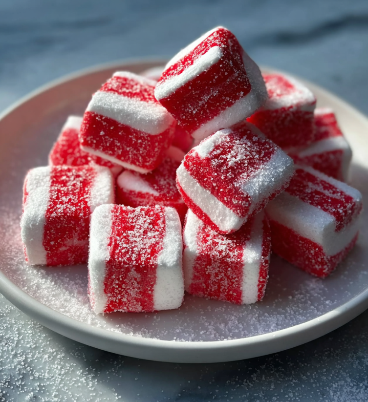 A plate of red and white striped candy.